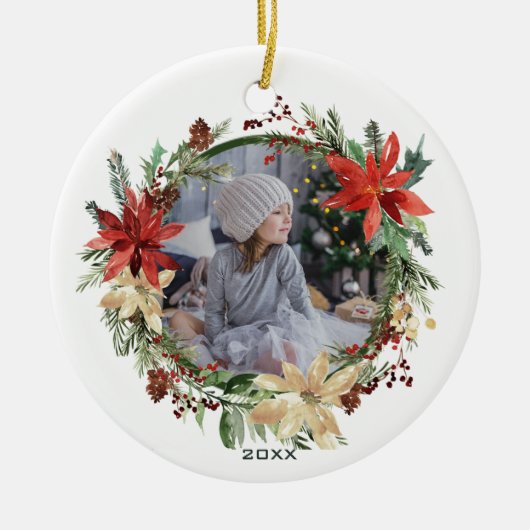 Rustic Floral Wreatfoto met Jaar Keramisch Ornament (Voorkant)