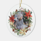 Rustic Floral Wreatfoto met Jaar Keramisch Ornament (Links)