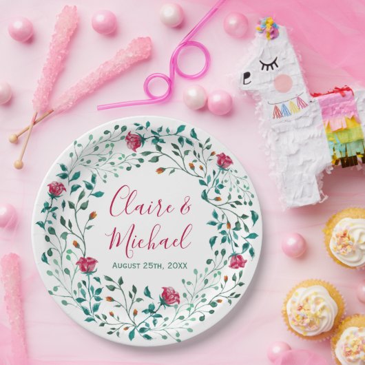 Rustic Floral Wreath | Aangepaste bruiloft Papieren Bordje (Feest)