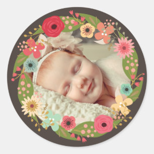Rustic Floral Wreath Baby Girl Fotostickers Ronde Sticker
