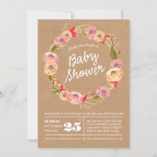 Rustic Floral Wreath Baby shower Invite Kaart