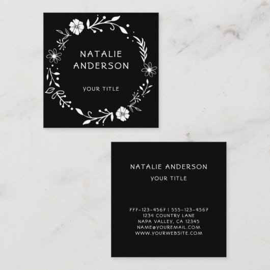 Rustic Floral Wreath Black Square Visitekaartje (Voorkant / Achterkant)