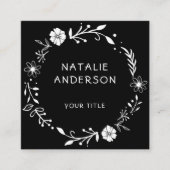 Rustic Floral Wreath Black Square Visitekaartje (Voorkant)
