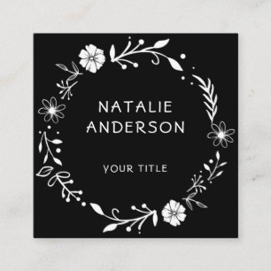Rustic Floral Wreath Black Square Visitekaartje