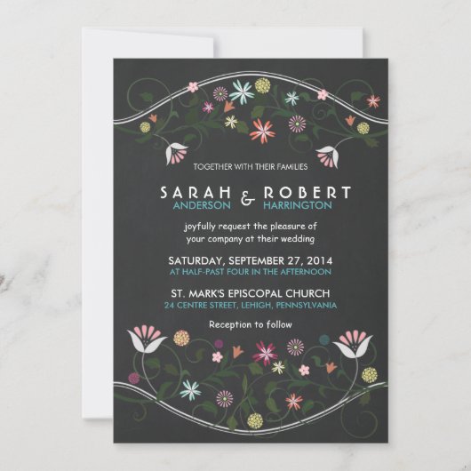 Rustic Floral Wreath Chalkboard Wedding Invitation Kaart (Voorkant)