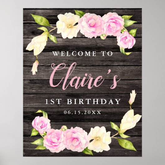 Rustic Floral Wreath Girls Birthday Party Sign Poster (Voorkant)