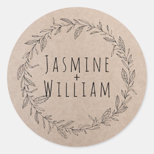 Rustic Floral Wreath Kraft Paper gepersonaliseerd Ronde Sticker (Voorkant)