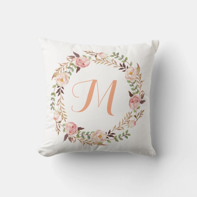 Rustic Floral Wreath Monogram Buitenkussen (Voorkant)