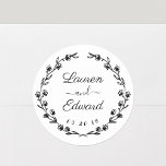 Rustic Floral Wreath Monogram Wedding Ronde Sticker<br><div class="desc">Aangepast ontworpen trouwstickers met moderne handkalligrafie met een handgetekend,  bloemvormig ontwerp.</div>