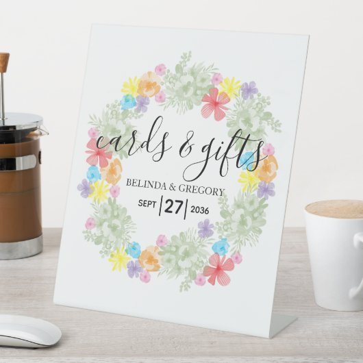 Rustic Floral Wreath Wedding Cards & Gifts Reclamebord Met Voetstuk (Insitu)