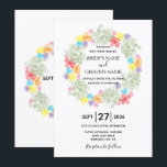 Rustic Floral Wreath Wedding Invitations Kaart<br><div class="desc">Dit ontwerp is voorzien van een rustige florale waterverf. De mooie groene en roze, groene, paarse, roze, rode, oranje, blauwe en gele bloemen combineren tot de creëer van een elegante kreet die sommige formuleringen omringt. De elegante waterverf bloemen zijn geordend rond de namen van de bruid en de bruidegom. Het...</div>