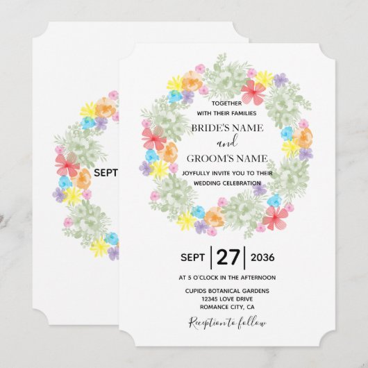 Rustic Floral Wreath Wedding Invitations Kaart (Voorkant / Achterkant)