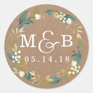 Rustic Floral Wreath Wedding Monogram Sticker