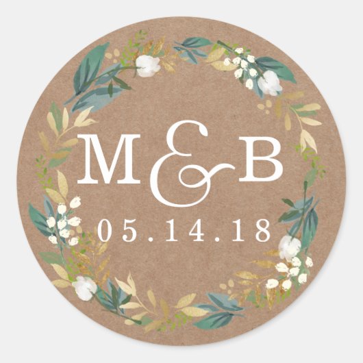 Rustic Floral Wreath Wedding Monogram Sticker (Voorkant)