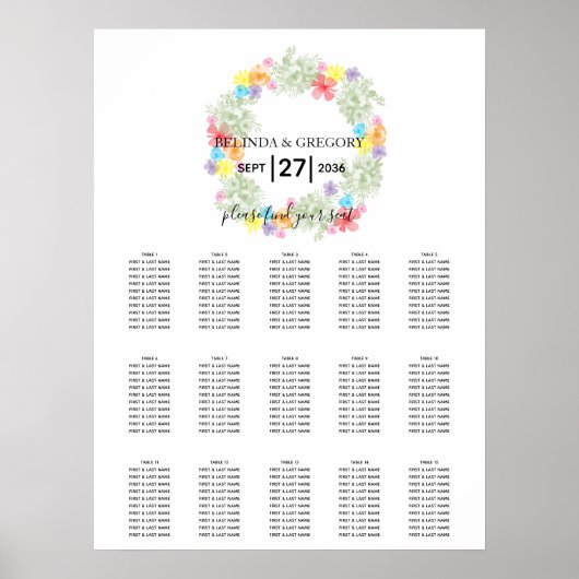 Rustic Floral Wreath Wedding Seating Chart Poster (Voorkant)