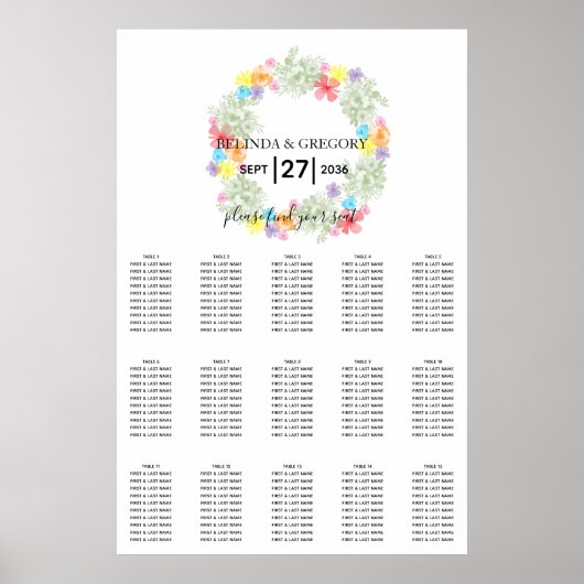 Rustic Floral Wreath Wedding Seating Chart Poster (Voorkant)