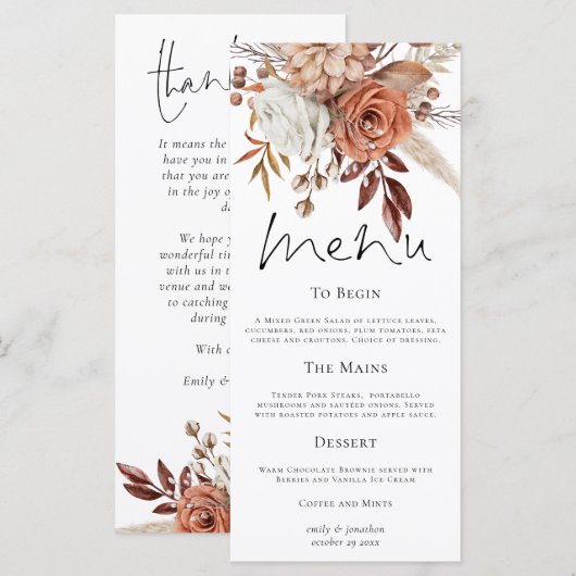 Rustic Florals Fall Wedding Thank You Menu (Voorkant / Achterkant)