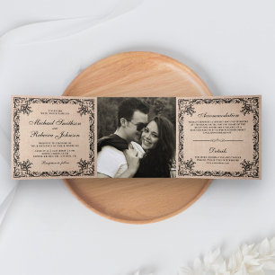 Rustic Flourish Border Burlap Photo Wedding Drieluik Uitnodiging
