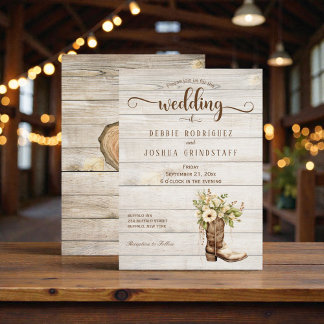 Rustic Flower Boot on Wood Wedding Invitation Kaart