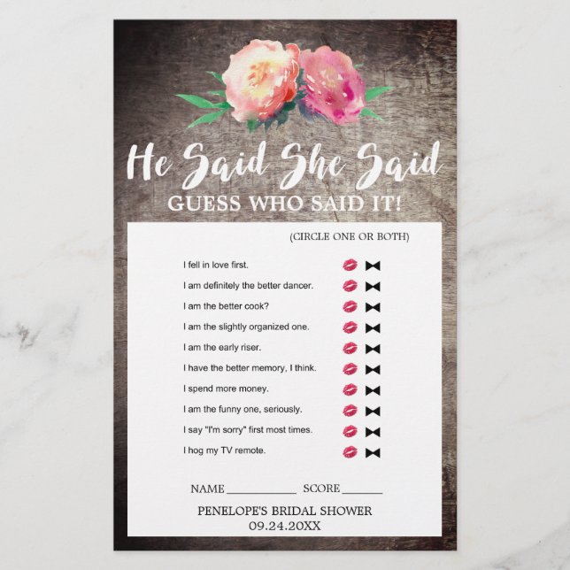 Rustic Flower Bouquet "Hij zei dat ze zei" Quiz Ga (Voorkant)