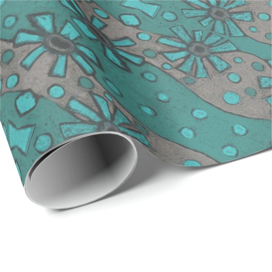 Rustic Flowers, Abstract Floral Pattern Blauwgroen Cadeaupapier (Rol Hoek)