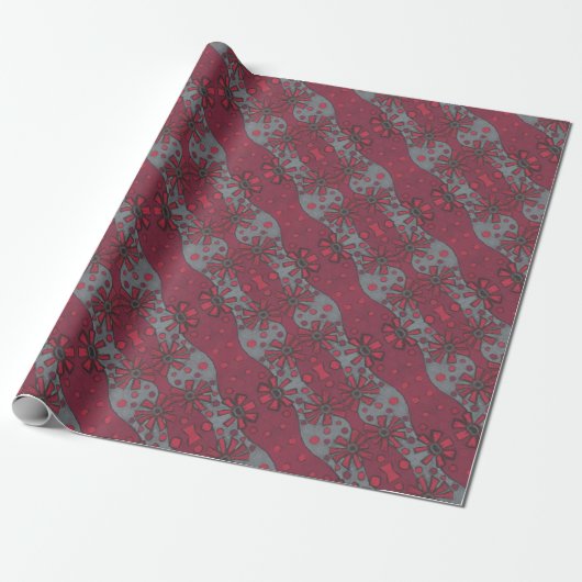 Rustic Flowers, Abstract Floral Pattern Ruby Grey Cadeaupapier (Uitgerold)