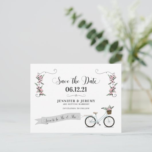 Rustic Flowers en Bicycle Wedding Save the Date Briefkaart (Staand voorkant)