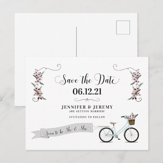 Rustic Flowers en Bicycle Wedding Save the Date Briefkaart (Voorkant / Achterkant)