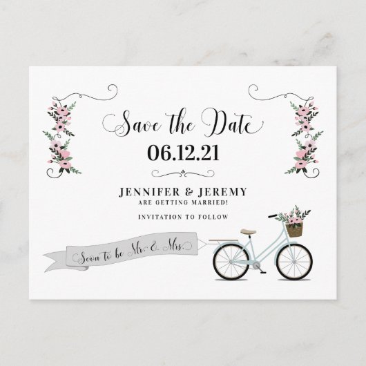 Rustic Flowers en Bicycle Wedding Save the Date Briefkaart (Voorkant)