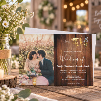 Rustic flowers on barn wood monogram photo Wedding Kaart