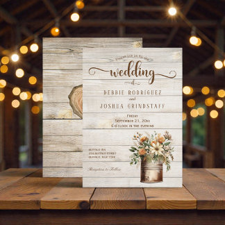 Rustic Flowers on Wood Wedding Invitation Kaart