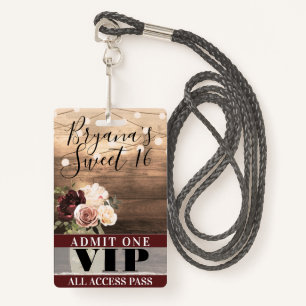 Rustic Flowers & String Lights Sweet 16 VIP-pas Badge