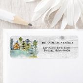 Rustic Foggy Forest Mountain Cabin Retouradres Etiket (Insitu)