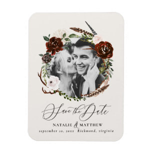 Rustic foliag, burgundy floral photobruiloft magneet