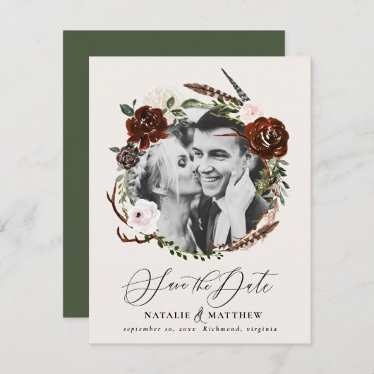 Rustic foliage en antler save the date notificatio aankondiging (Voorkant / Achterkant)