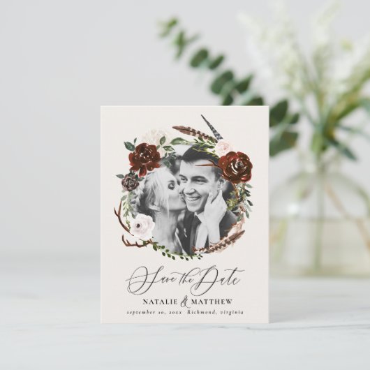 Rustic foliage en antler save the date notificatio aankondiging (Staand voorkant)