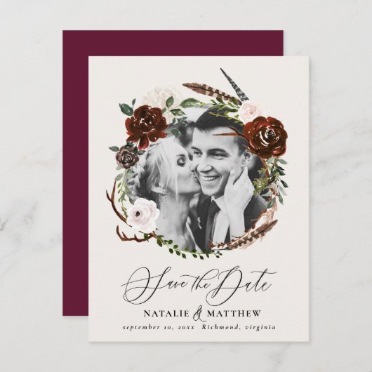 Rustic foliage en antler save the date notificatio aankondiging (Voorkant / Achterkant)