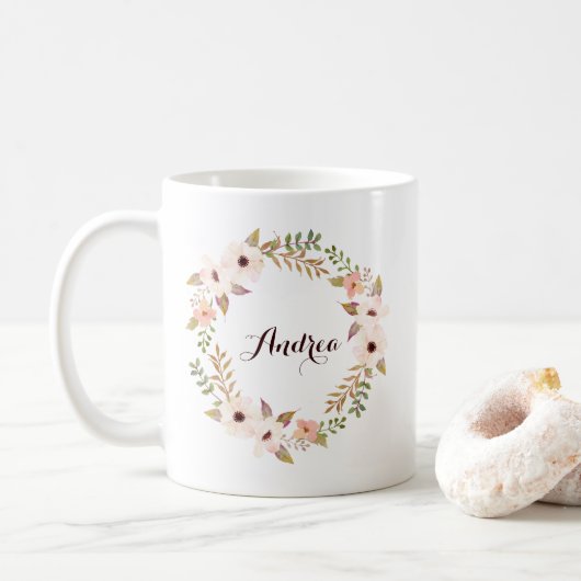 Rustic Foliage en Floral Wreath Personalized Mug Koffiemok (Met donut)