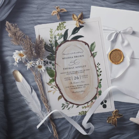 Rustic Foliage Farmhouse Budget QR Code Wedding Kaart