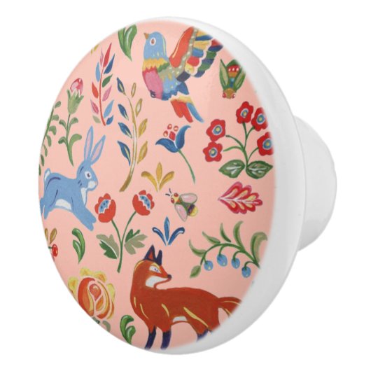 Rustic Folk Woodland Animal Flower Nursery Pink Keramische Knop (Rechts)