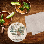 Rustic Forest Barly Wait Baby shower Bedankt Ronde Kartonnen Onderzetter<br><div class="desc">De dieren hebben zich verzameld in dit rotsachtige waterverf bos voor je "Oh Boy" "We Can Barly Wait!" beer boy baby shower viering. Een bruin beer zit aan de basis van het bos bij het meer en het houden van hem bedrijf is een schattig klein wasbeertje en op de achtergrond...</div>