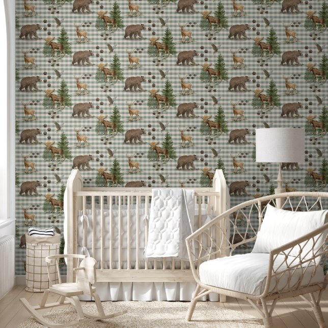 Rustic Forest Bear Deer Moose Blue Watercolor Behang (Kinderen)