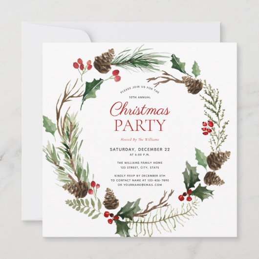Rustic Forest Berry Pinecone Wreath Holiday Party Kaart (Voorkant)