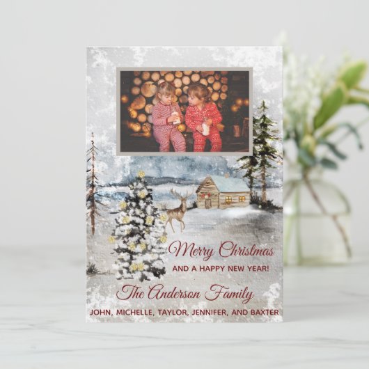 Rustic Forest Deer Cabin Kaart voor kerstmis foto' (Staand voorkant)