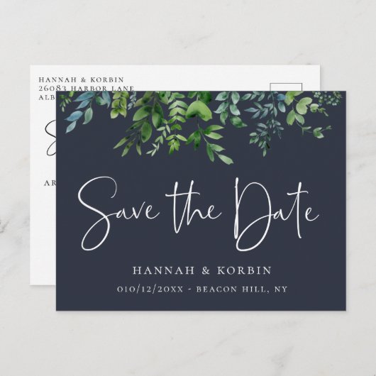 Rustic Forest Foliage Navy Blue Save the Date Aankondigingskaart (Voorkant / Achterkant)
