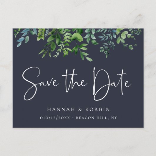 Rustic Forest Foliage Navy Blue Save the Date Aankondigingskaart (Voorkant)