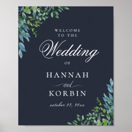 Rustic Forest Foliage Navy Blue Wedding Welcome Poster