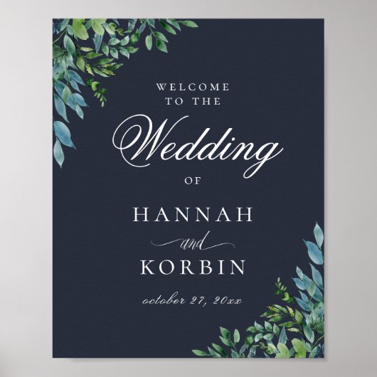 Rustic Forest Foliage Navy Blue Wedding Welcome Poster (Voorkant)