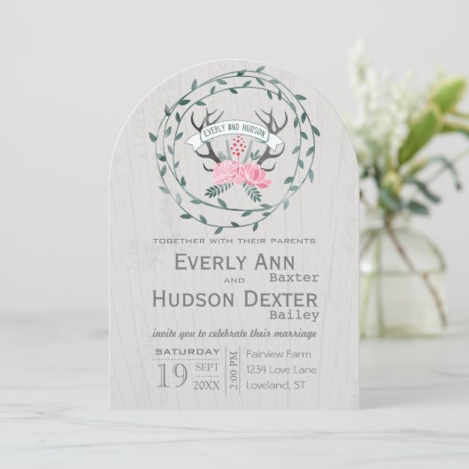 Rustic Forest Garland Antler Barn Wood Wedding Kaart (Staand voorkant)