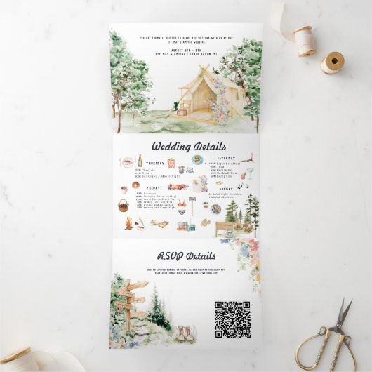 Rustic Forest Glamping bruiloft drievoudige uitnod Drieluik Uitnodiging (Binnen)